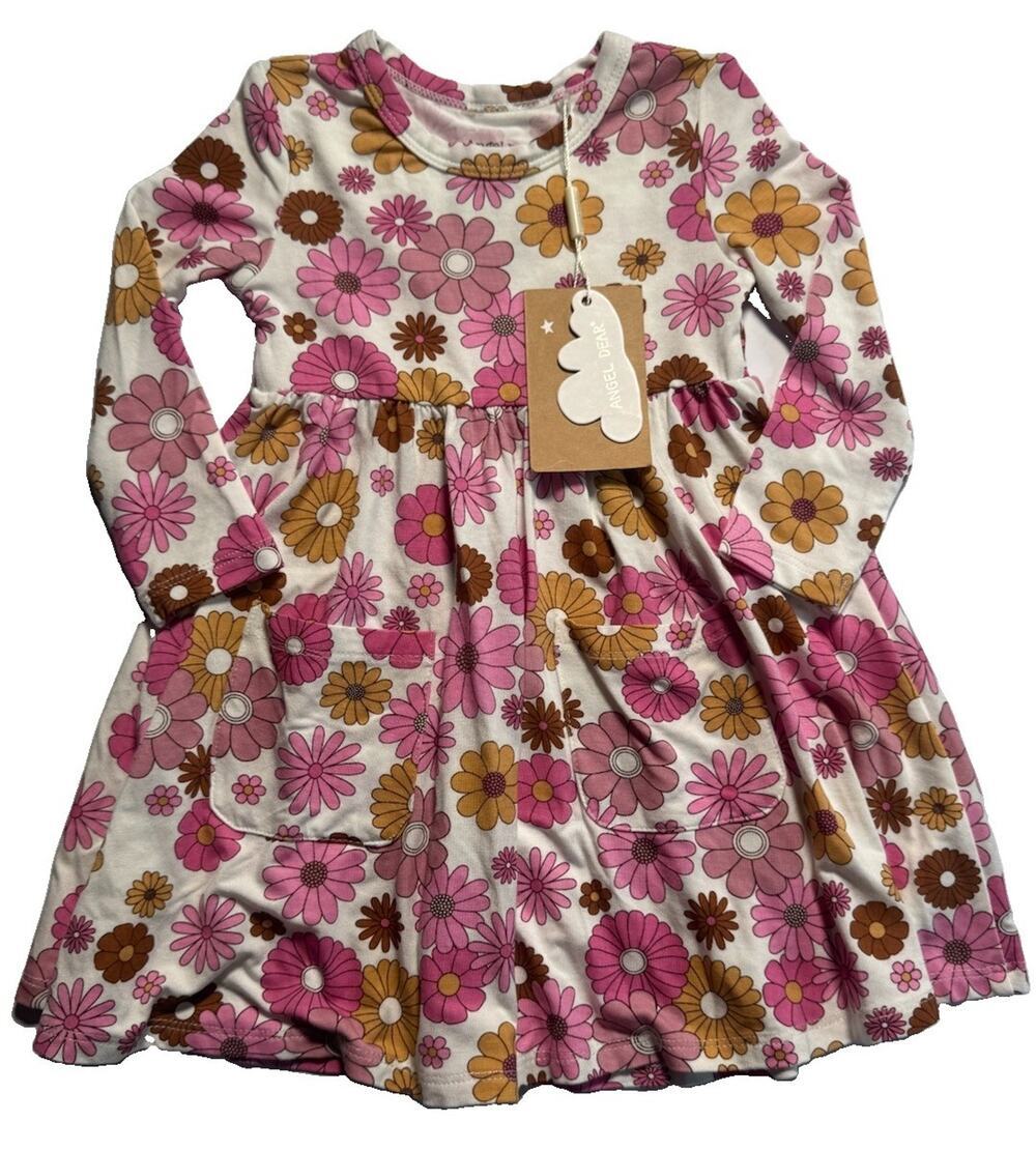 Angel Dear 12-18M Bamboo Floral Long Sleeve Dress Pink Brown NWT Girls